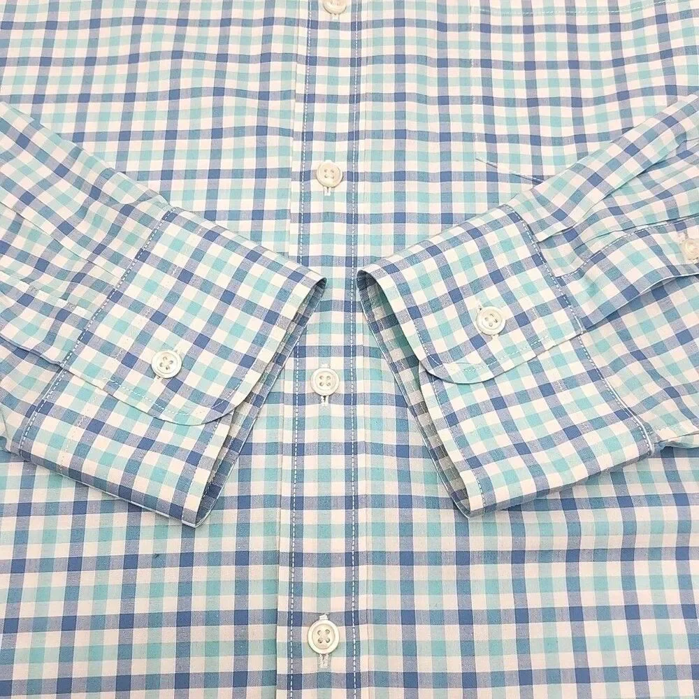 J Crew Shirt 120s 2-Ply Blue White Check Plaid Men Sz XL Button Long Slv Cotton